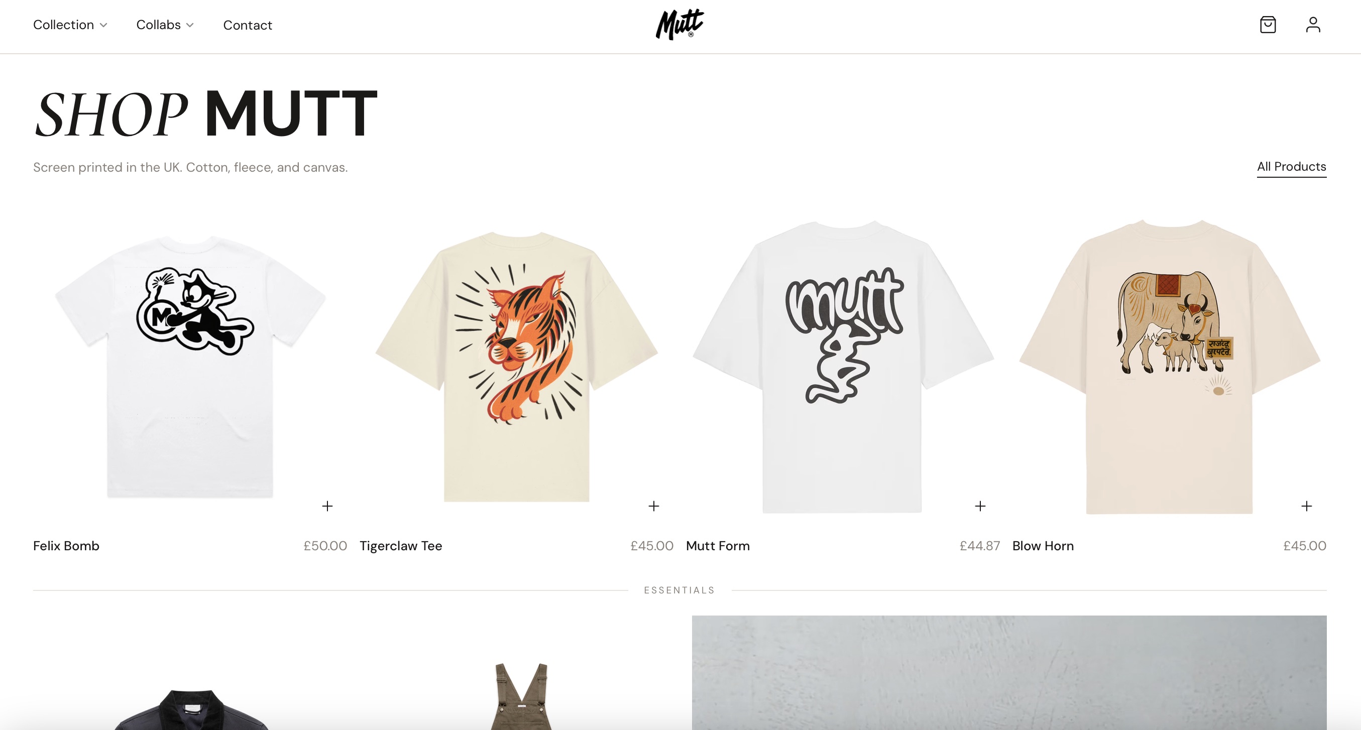 Mutt Clothing shop — product grid showing screen printed tees